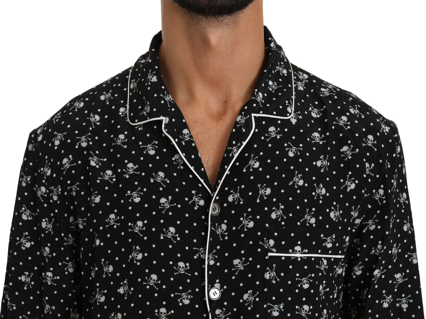 Dolce & Gabbana Black Skull Print Silk Sleepwear Men's Shirt