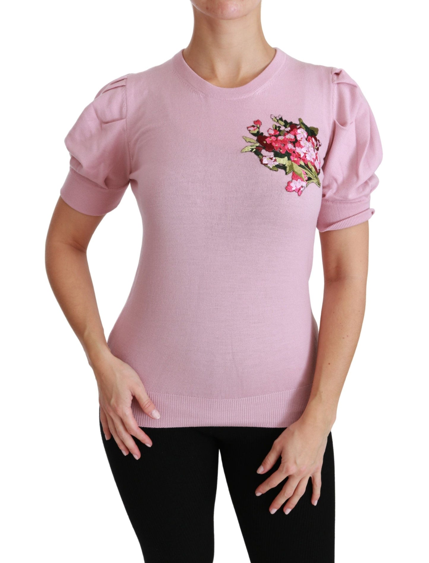 Dolce & Gabbana Pink Floral Embroidered Blouse Wool Women's Top