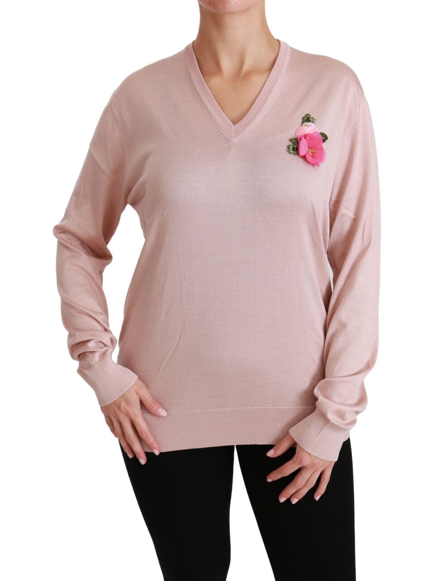 Dolce & Gabbana Pink Floral Embellished Pullover Silk Women's Sweater