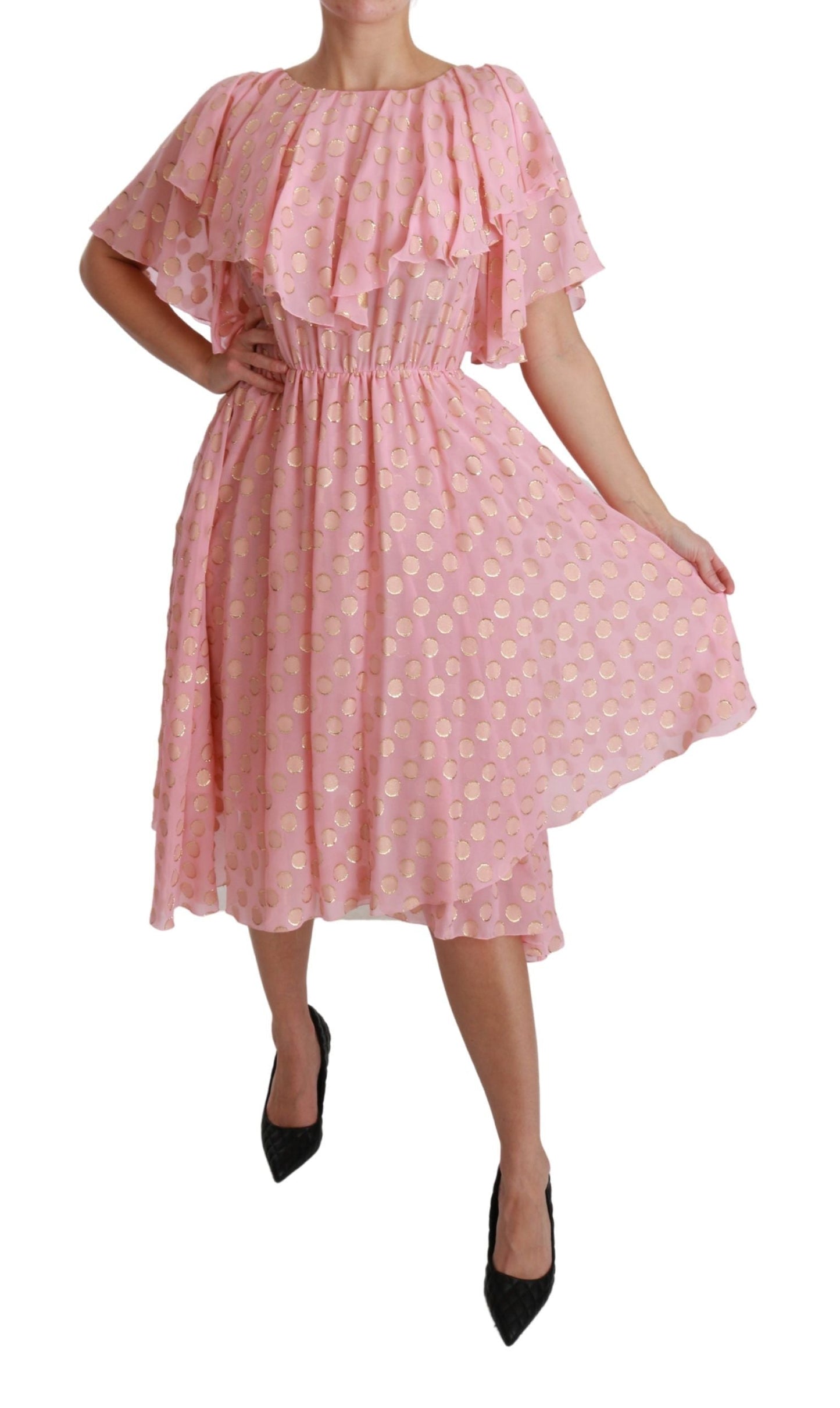 Dolce & Gabbana Silk Pink Polka Dots Pleated A-line Midi Women's Dress
