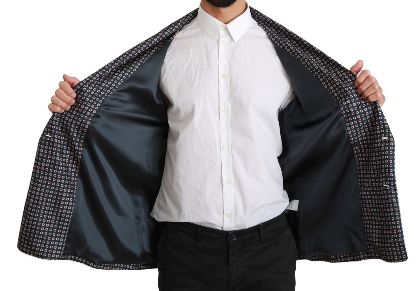 Dolce & Gabbana Navy Blue Patterned Double Breasted Coat Men's Jacket