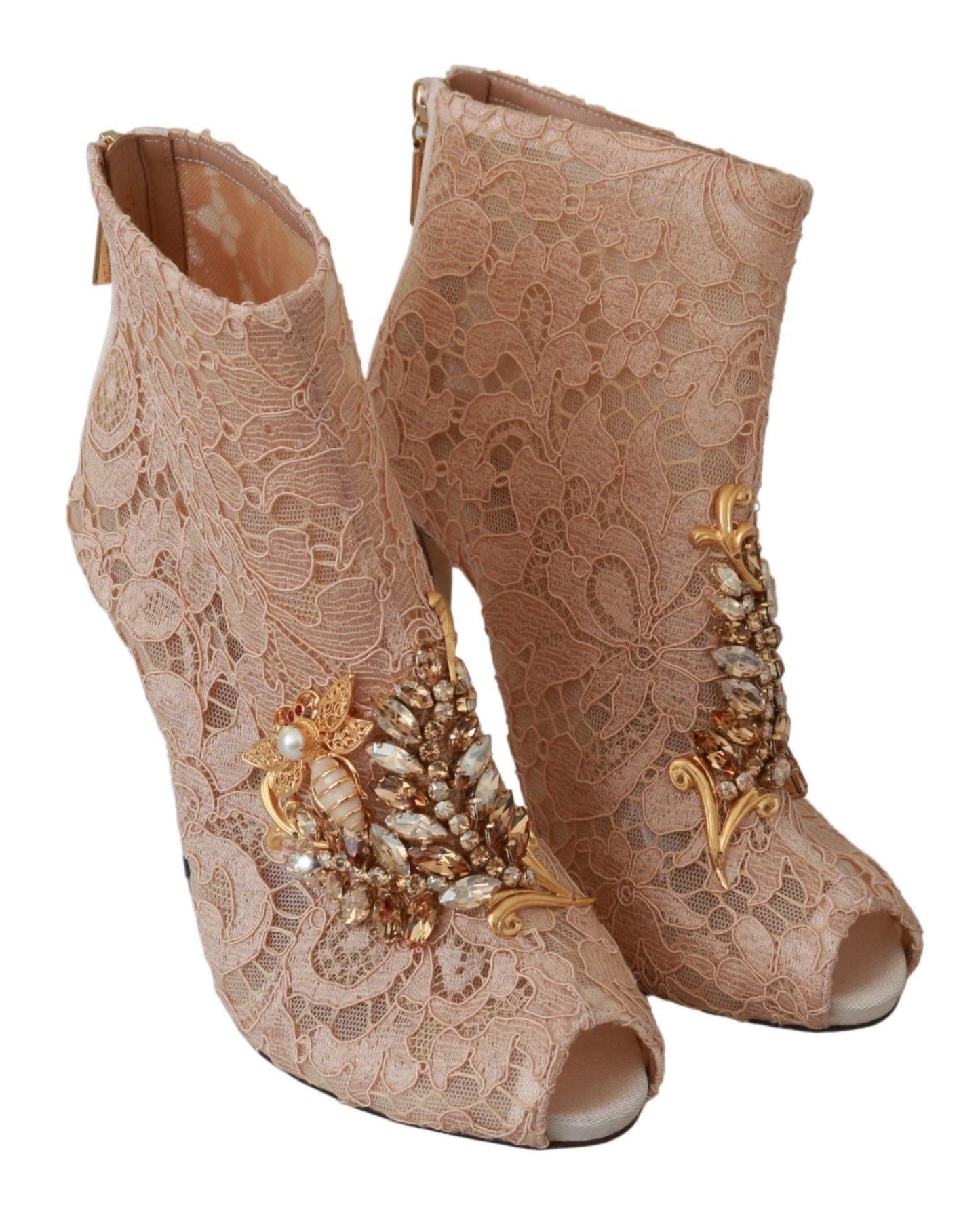 Dolce & Gabbana Pink Crystal Lace Booties Stilettos Women's Shoes