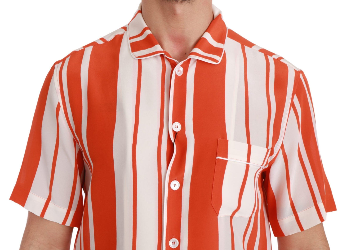 Dolce & Gabbana Orange Silk Striped Short Sleeve White Men's Shirt