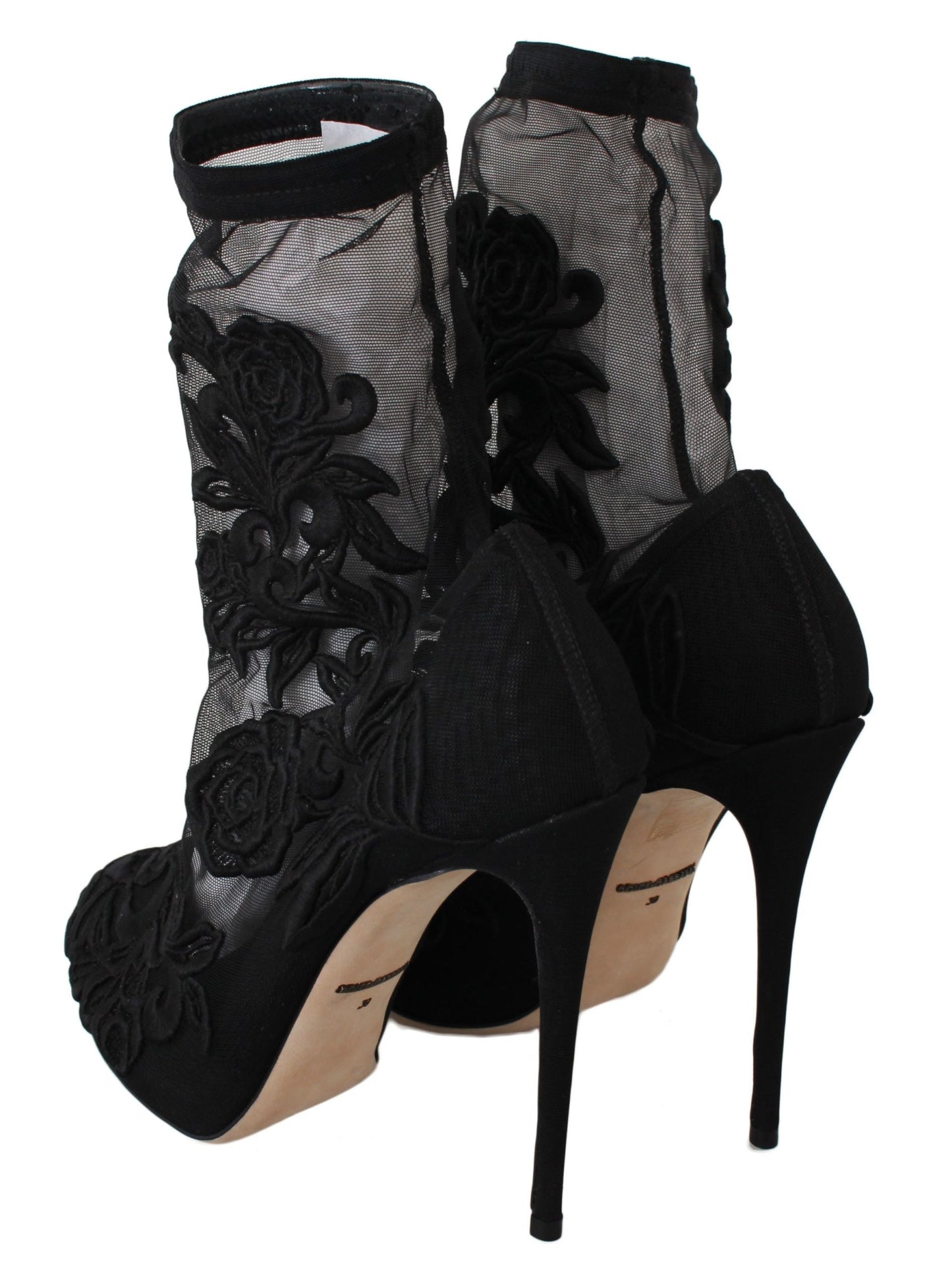 Dolce & Gabbana Black Roses Stilettos Booties Socks Women's Shoes