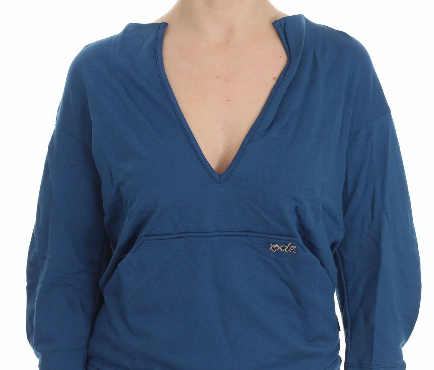 Exte Blue Cotton Top Pullover Deep V-neck Women Women's Sweater