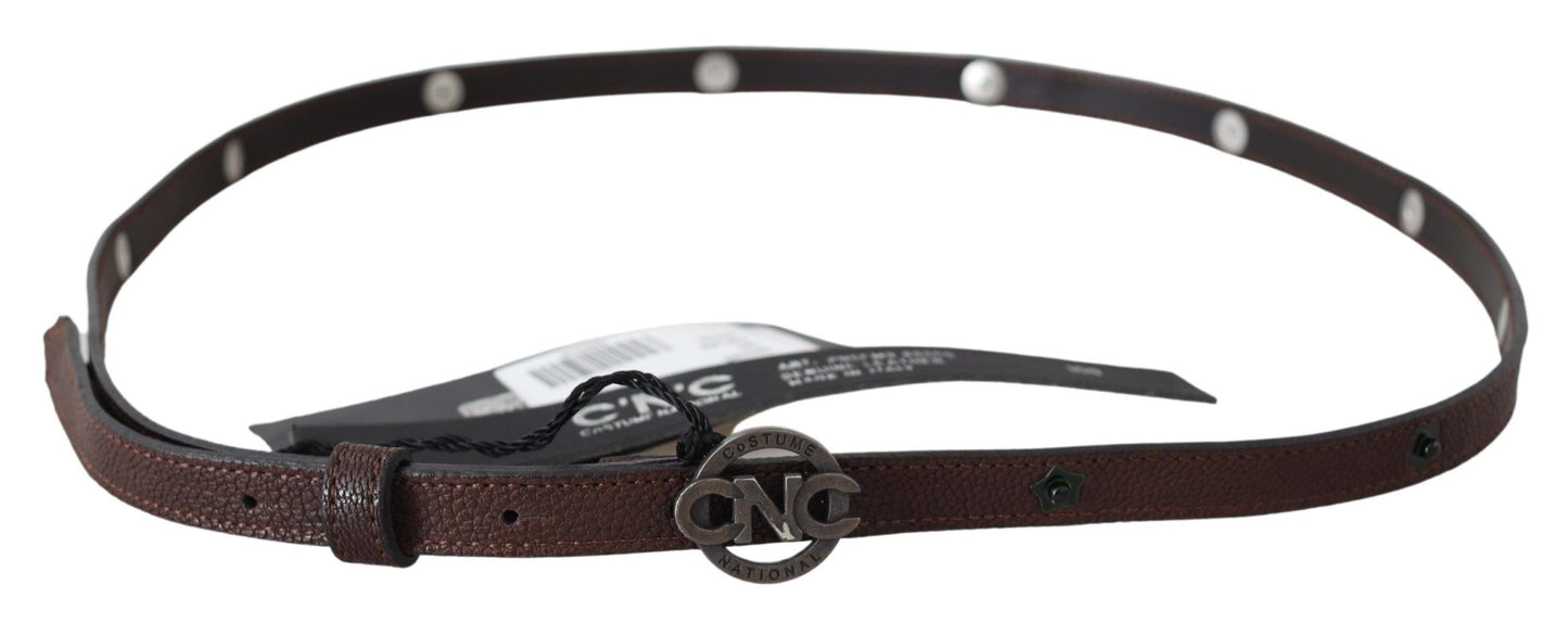 Costume National Brown Skinny Leather Round Logo Buckle Women's Belt