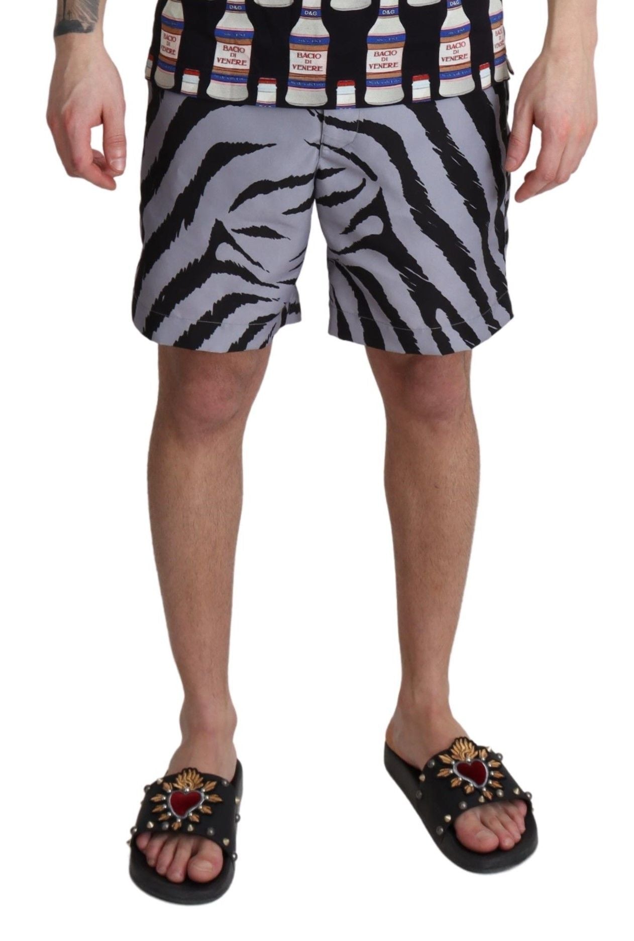 Dolce & Gabbana Gray Zebra Print Beachwear Men's Shorts