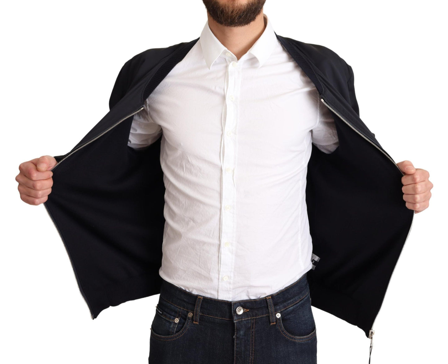 Dolce & Gabbana Blue Silk Coat Short Bomber Men Men's Jacket