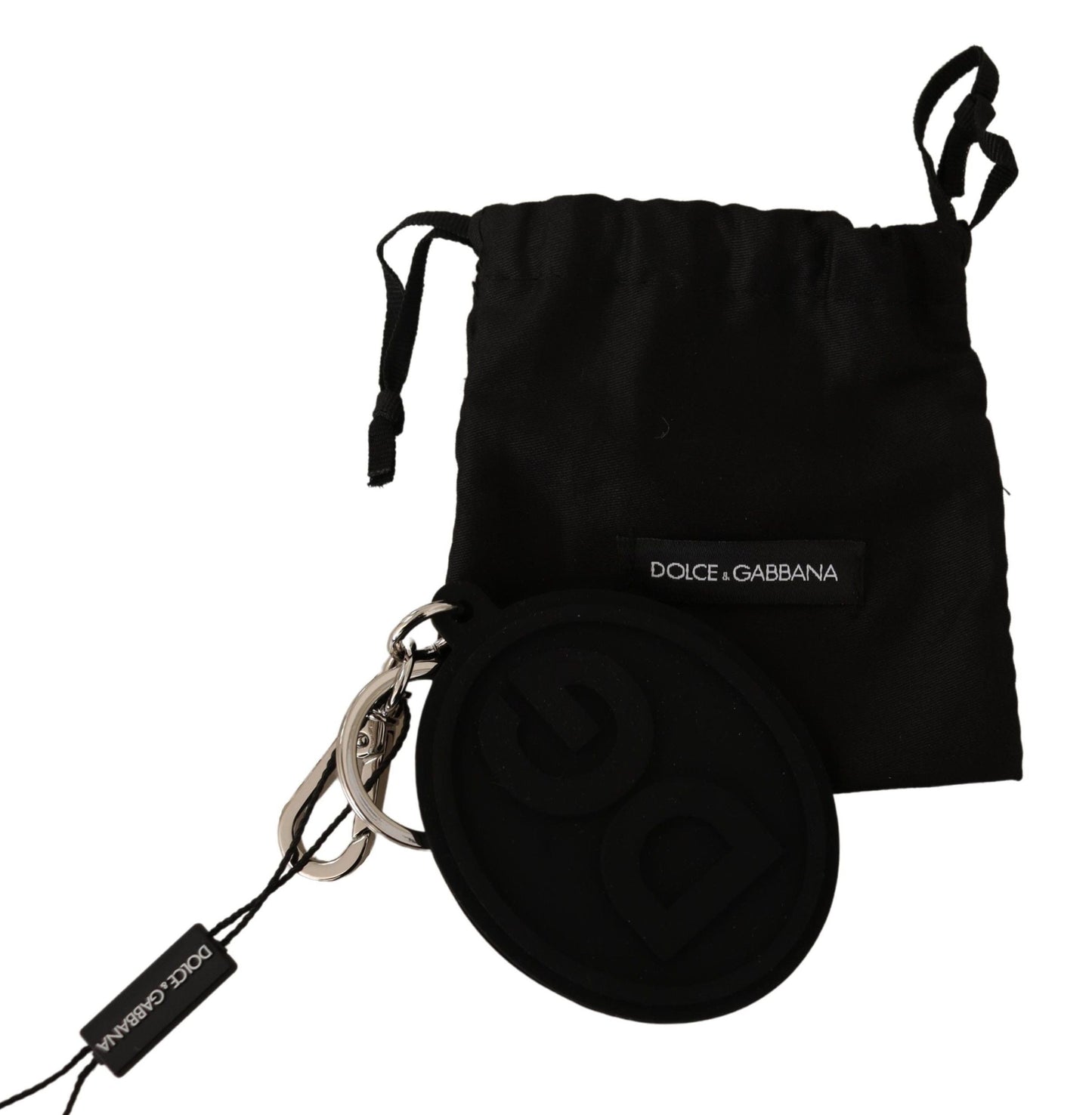 Dolce & Gabbana Black Rubber DG Logo Silver Brass Metal Men's Keychain