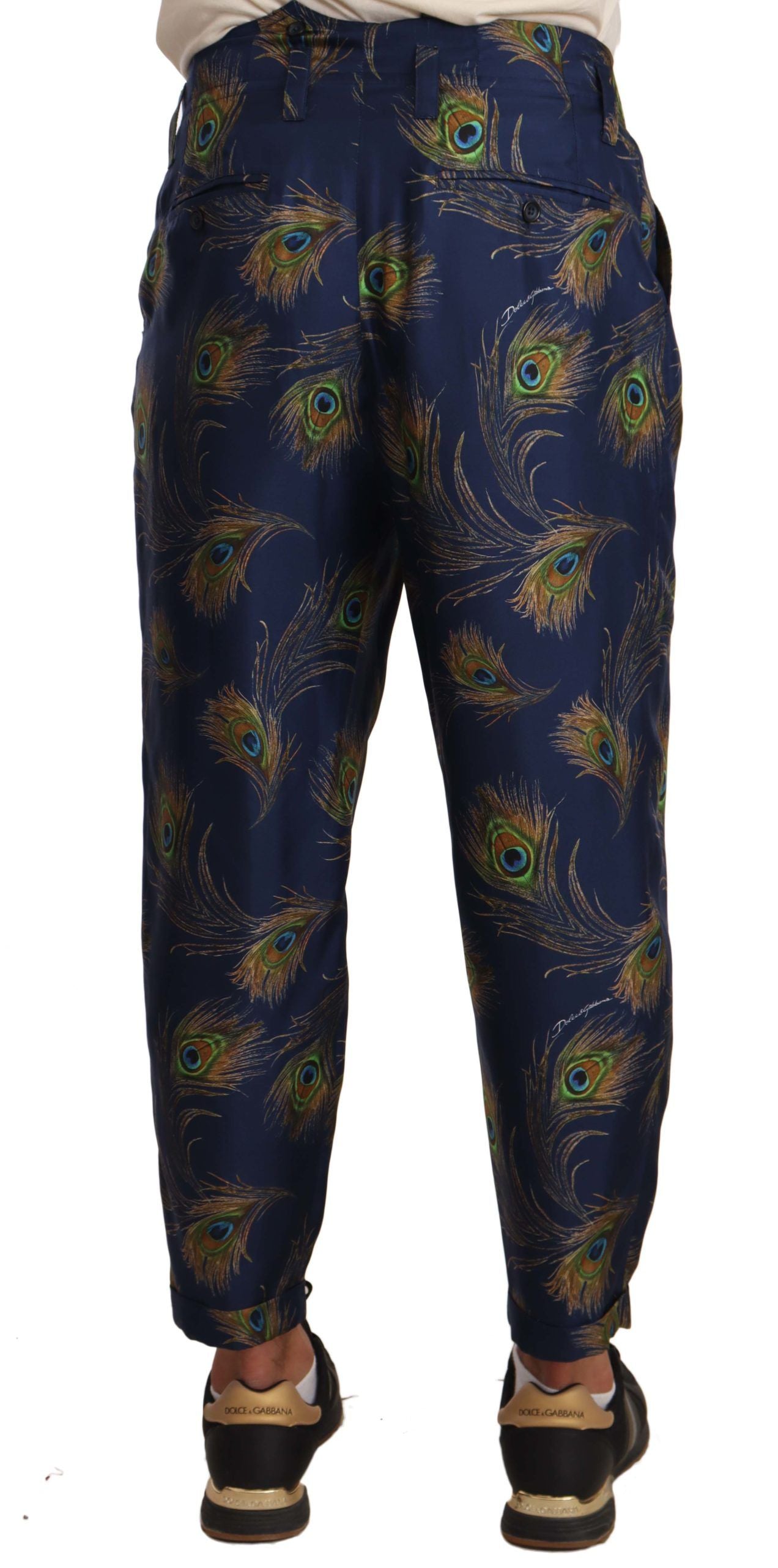 Dolce & Gabbana Blue Peacock Print Tapered Trousers Silk Men's Pants