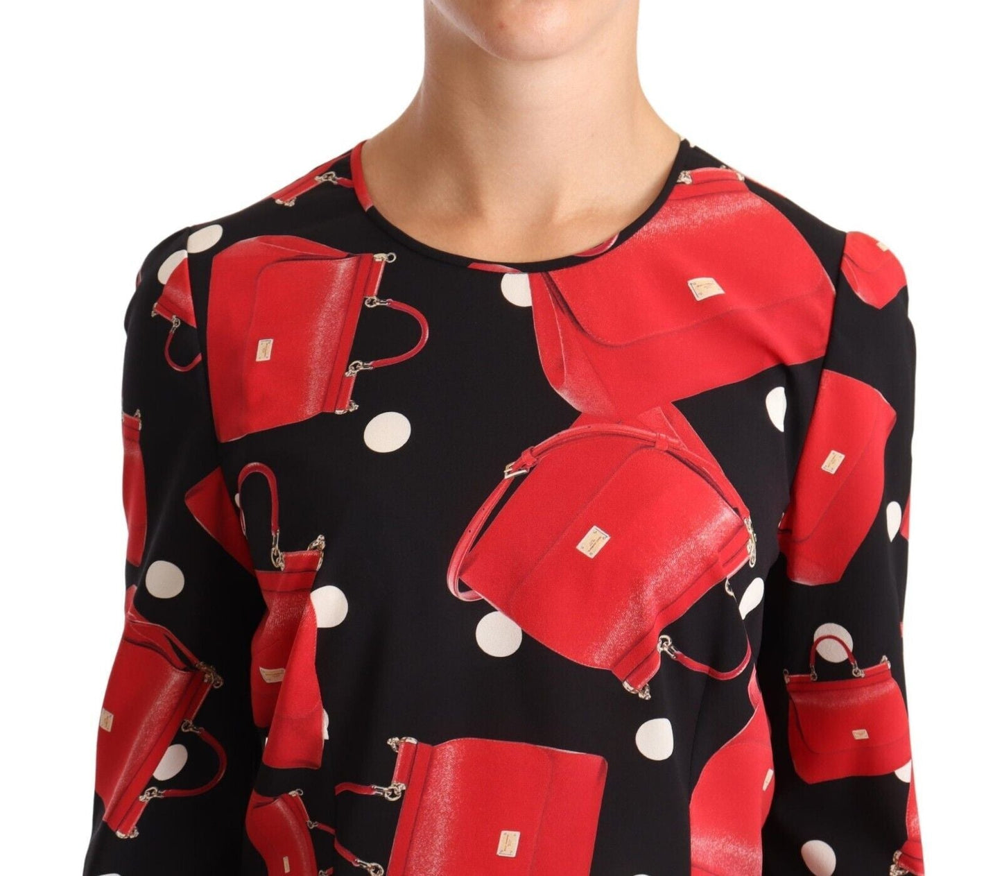 Dolce & Gabbana Black Sicily Bag Print Silk Stretch Top Women's Blouse