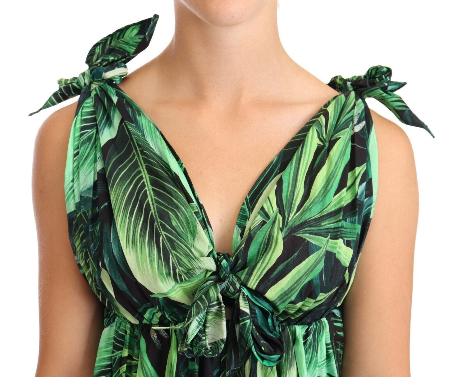 Dolce & Gabbana Green Leaves Print Cotton Flared Mini Women's Dress