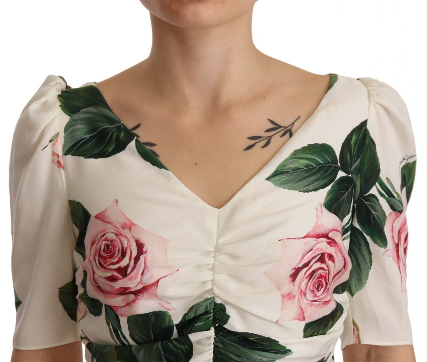 Dolce & Gabbana White Roses Print Stretch Silk Pleated Women's Dress