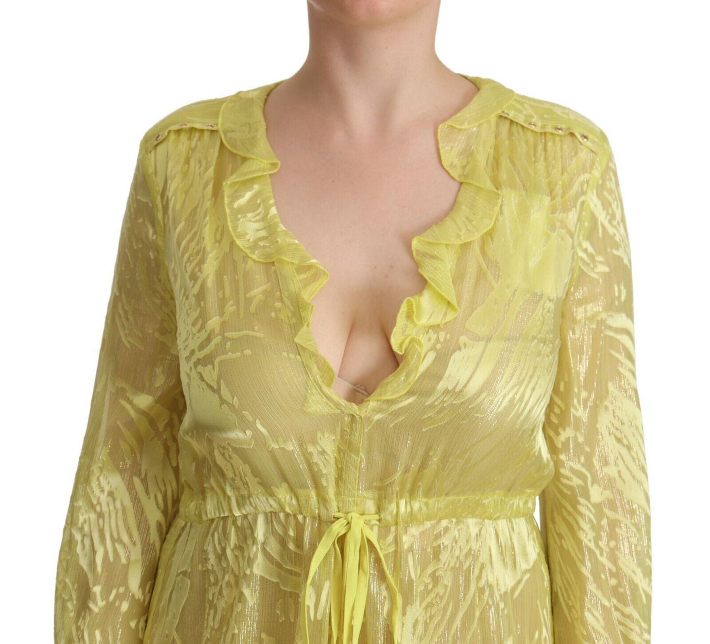 Patrizia Pepe Yellow Silk Long Sleeves Plunging Maxi Women's Dress