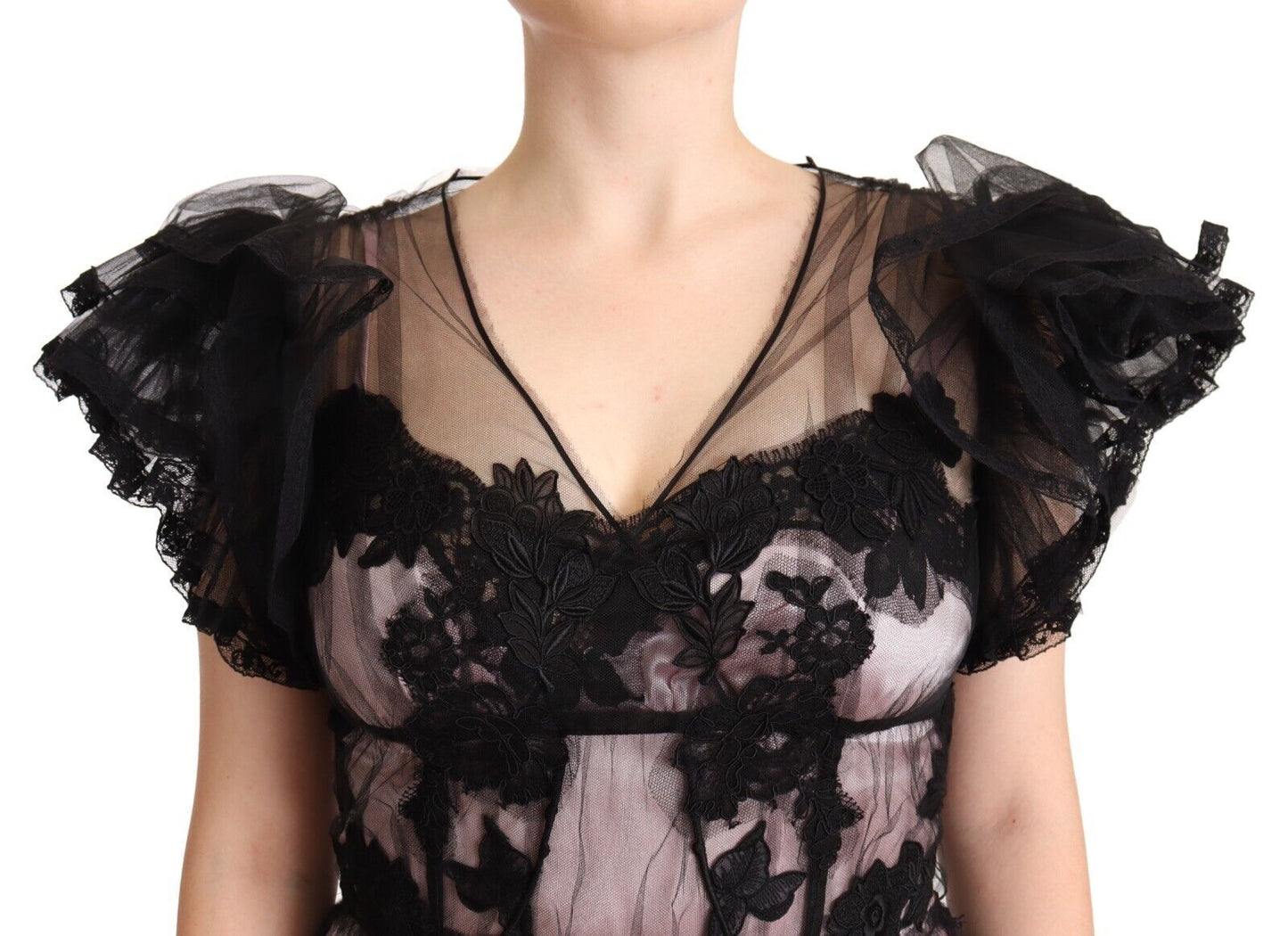 Dolce & Gabbana Black Pink Floral Lace A-line Midi Sheer Women's Dress