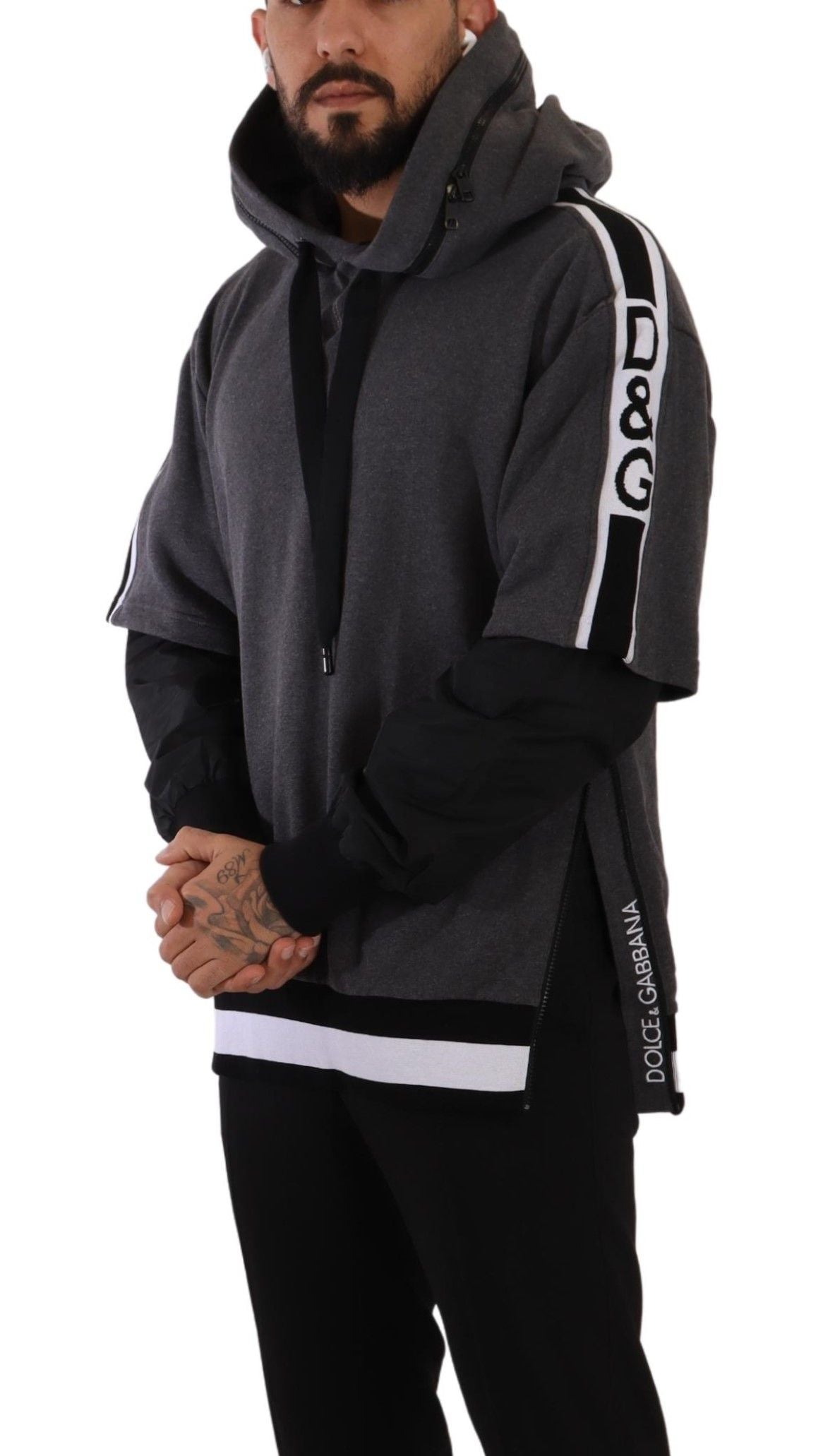 Dolce & Gabbana Gray Black Cotton Hooded #DGMILLENNIALS Men's Sweater