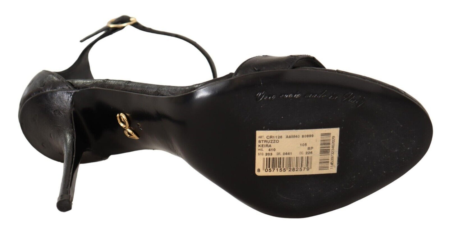Dolce & Gabbana Black Ostrich Ankle Strap Heels Sandals Women's Shoes