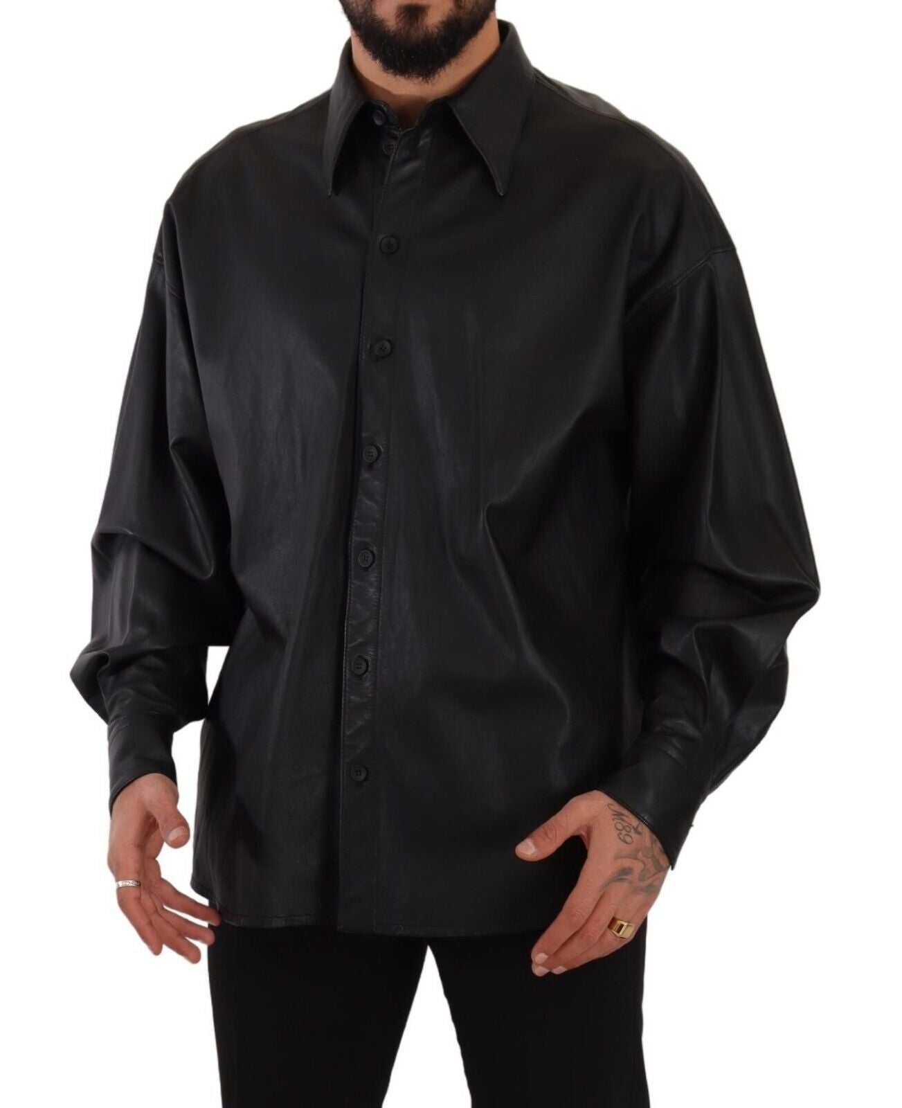 Dolce & Gabbana Black Leather Button Down Men Collared Men's Jacket