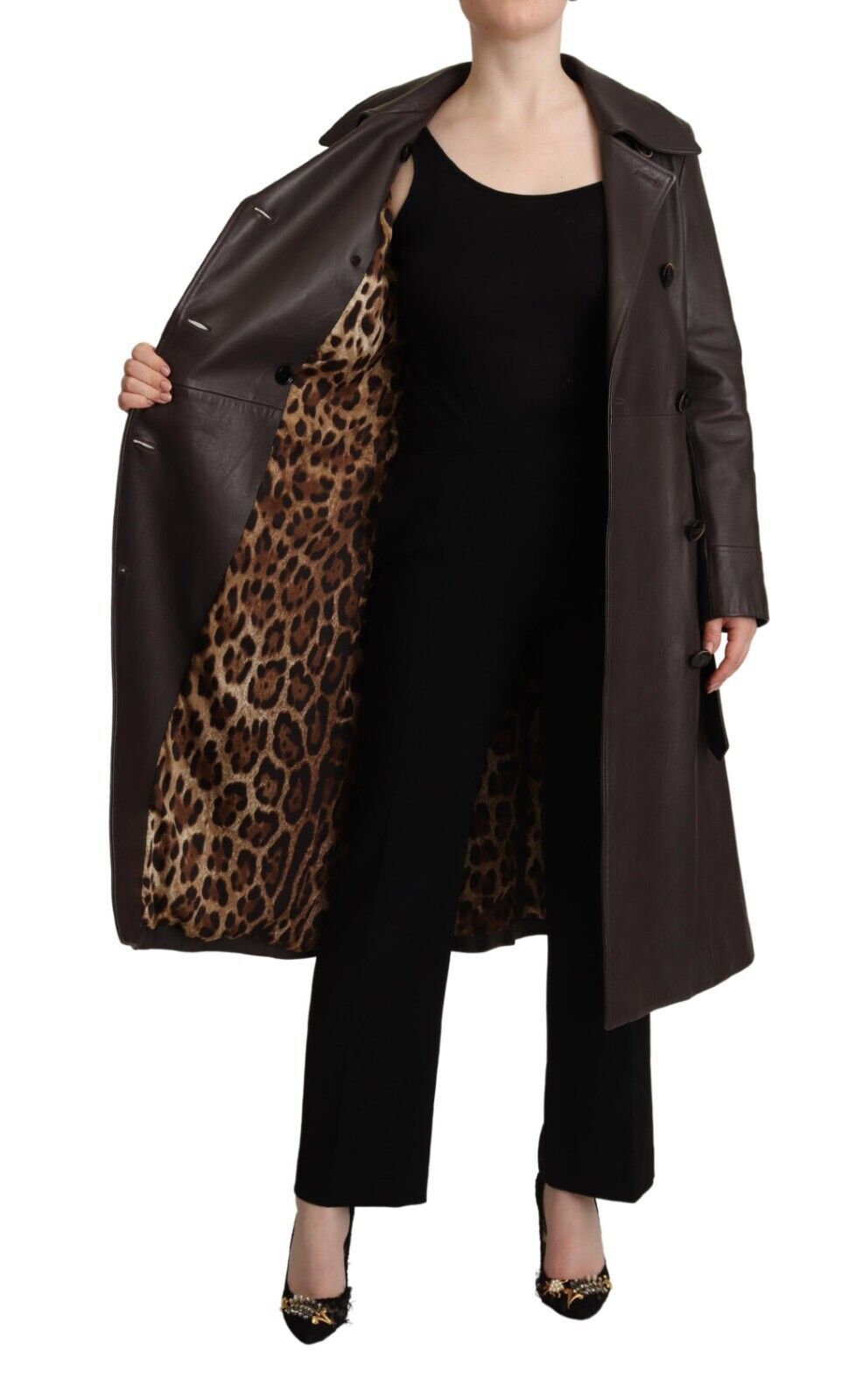Dolce & Gabbana Dark Brown Leather Long Sleeves Belted Women's Jacket