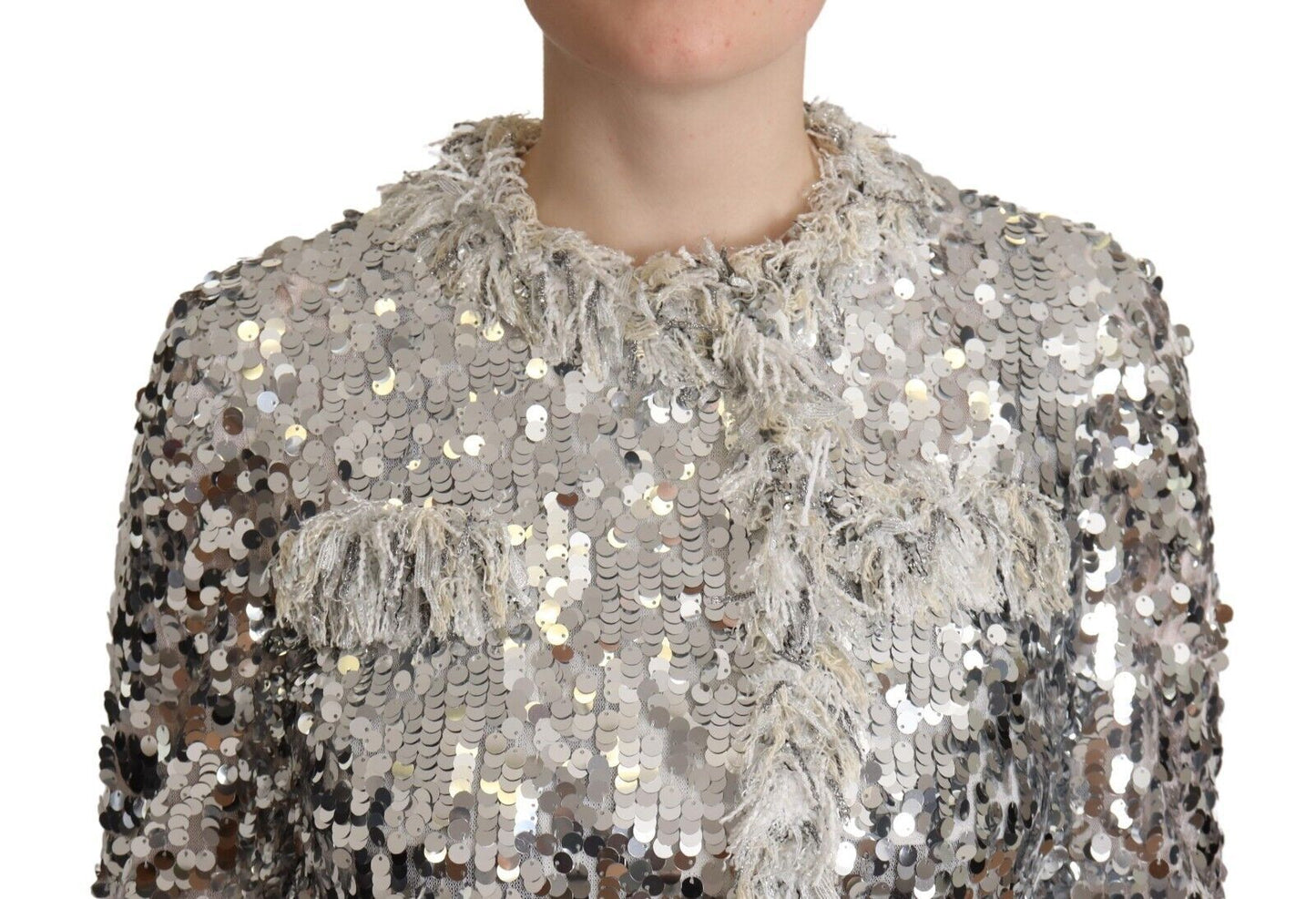 Dolce & Gabbana Silver Sequined Shearling Long Sleeves Women's Jacket