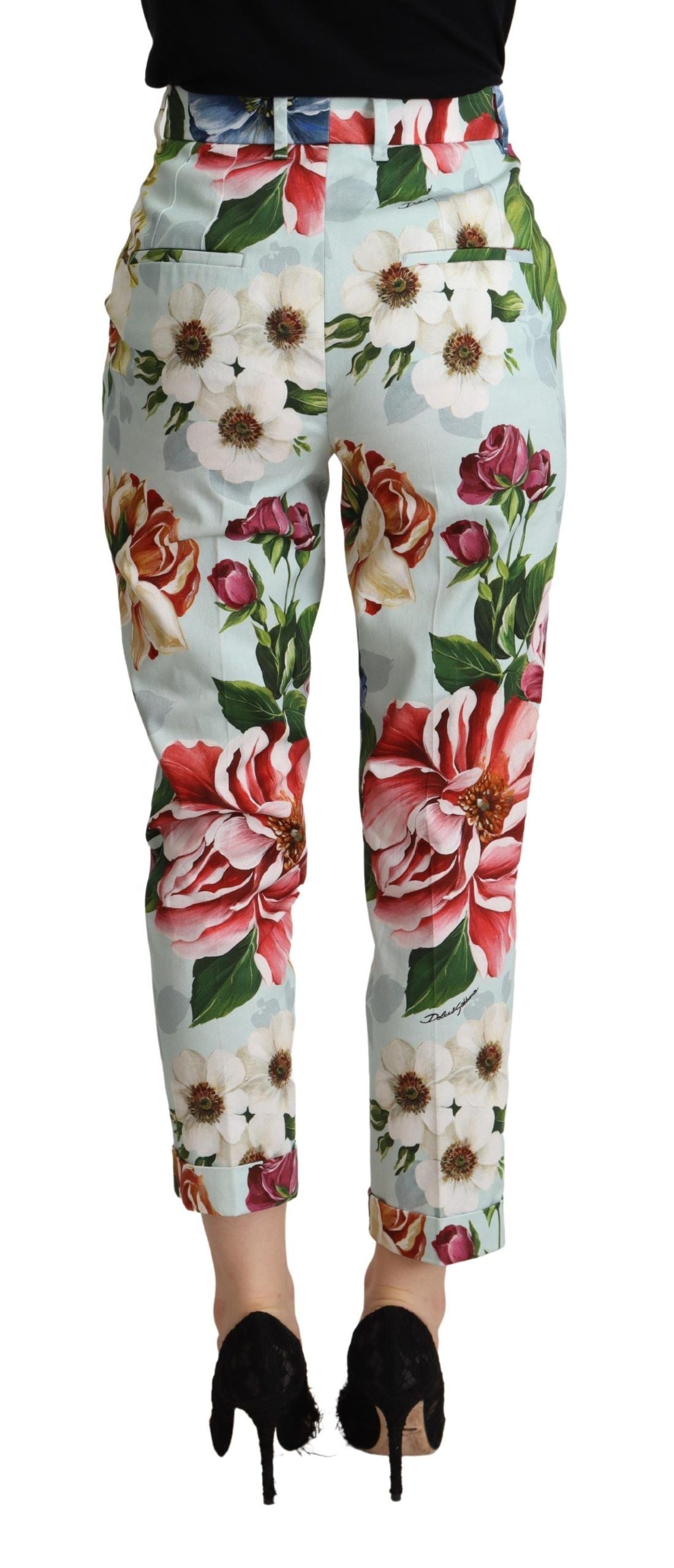 Dolce & Gabbana Light Blue Fiori Print Cotton Trouser Tapered Women's Pants