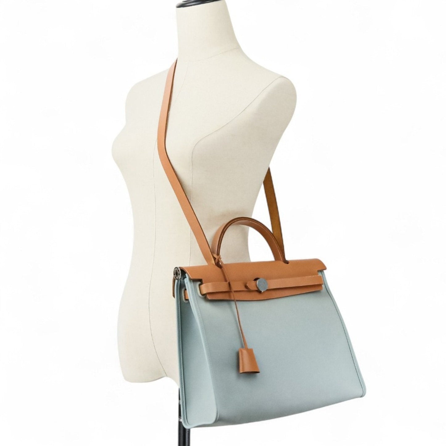 Hermes Blue Brown Canvas Leather Handbag Pouch Shoulder Bag (Pre-Owned)