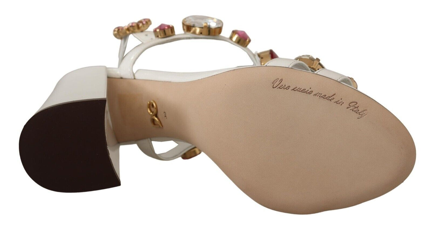 Dolce & Gabbana White Leather Crystal Keira Heels Sandals Women's Shoes