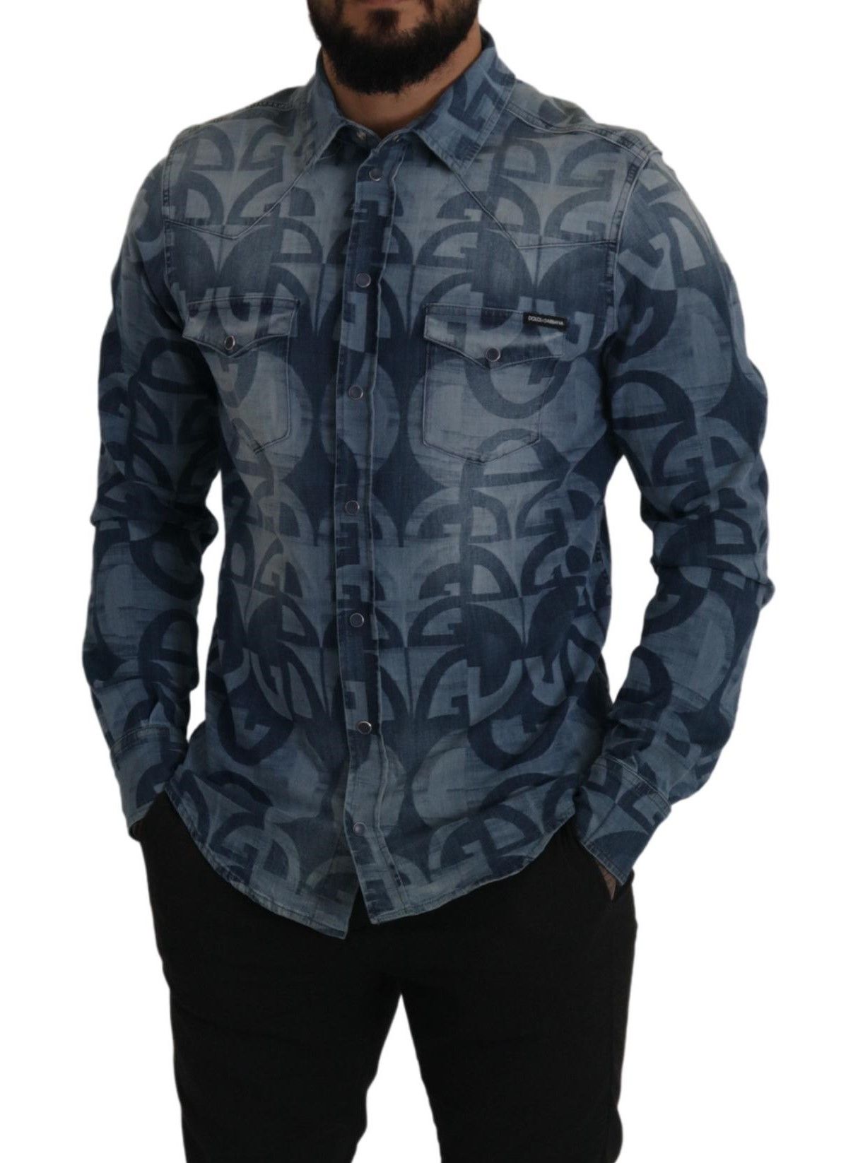 Dolce & Gabbana Blue Denim Stretch DG Logo Casual Mens Slim Men's Shirt