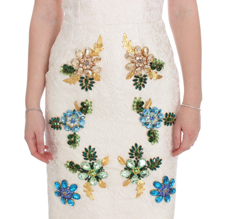 Dolce & Gabbana White Brocade Crystal Sheath Women's Dress