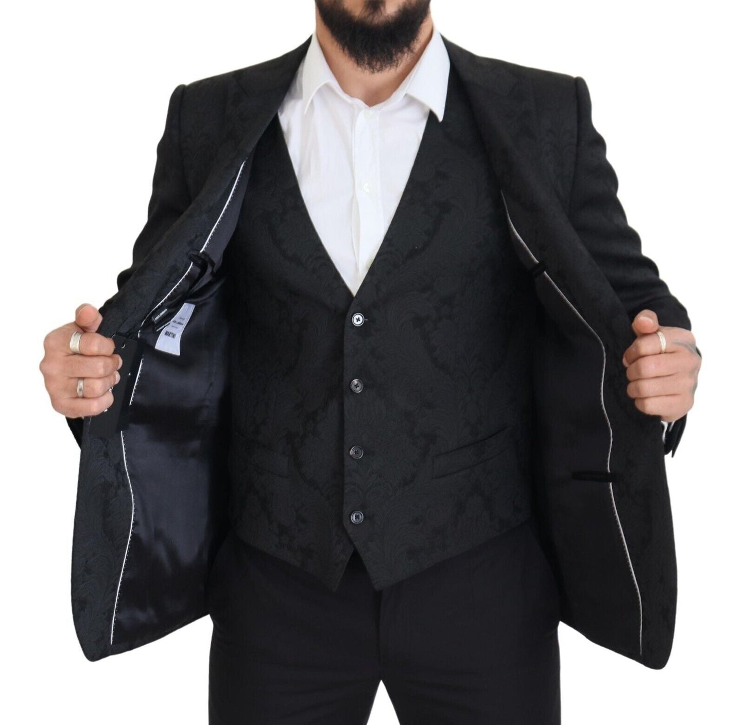 Dolce & Gabbana Black Floral Brocade 2 Piece MARTINI Men's Suit