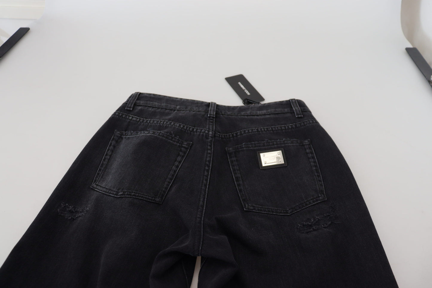 Dolce & Gabbana Black Cotton Tattered High Waist Denim Women's Jeans