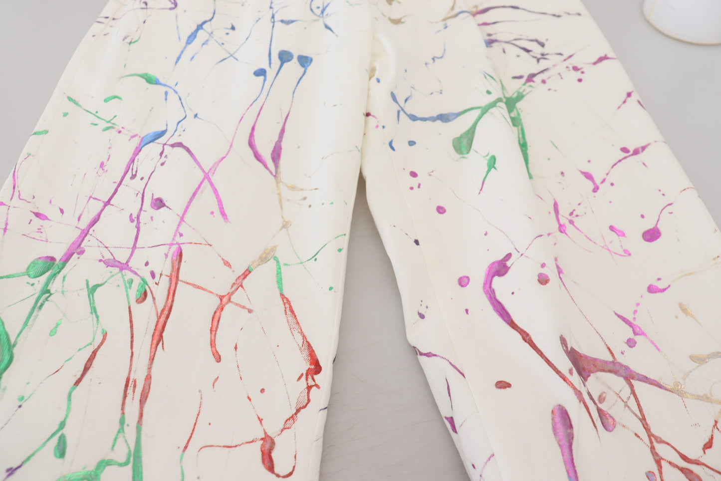 Dolce & Gabbana White Cotton Color Splash Print Denim Men's Pants