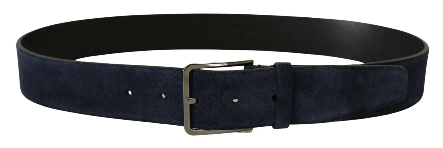 Dolce & Gabbana Navy Blue Velvet Leather Silver Logo Buckle Men's Belt