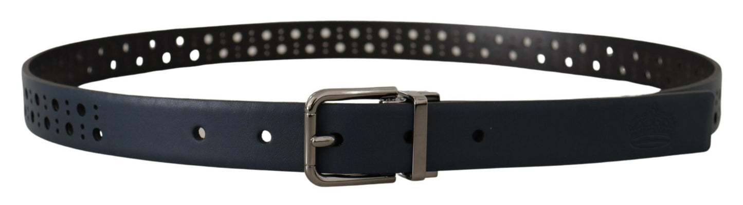 Dolce & Gabbana Navy Blue Perforated Leather Skinny Metal Buckle Men's Belt