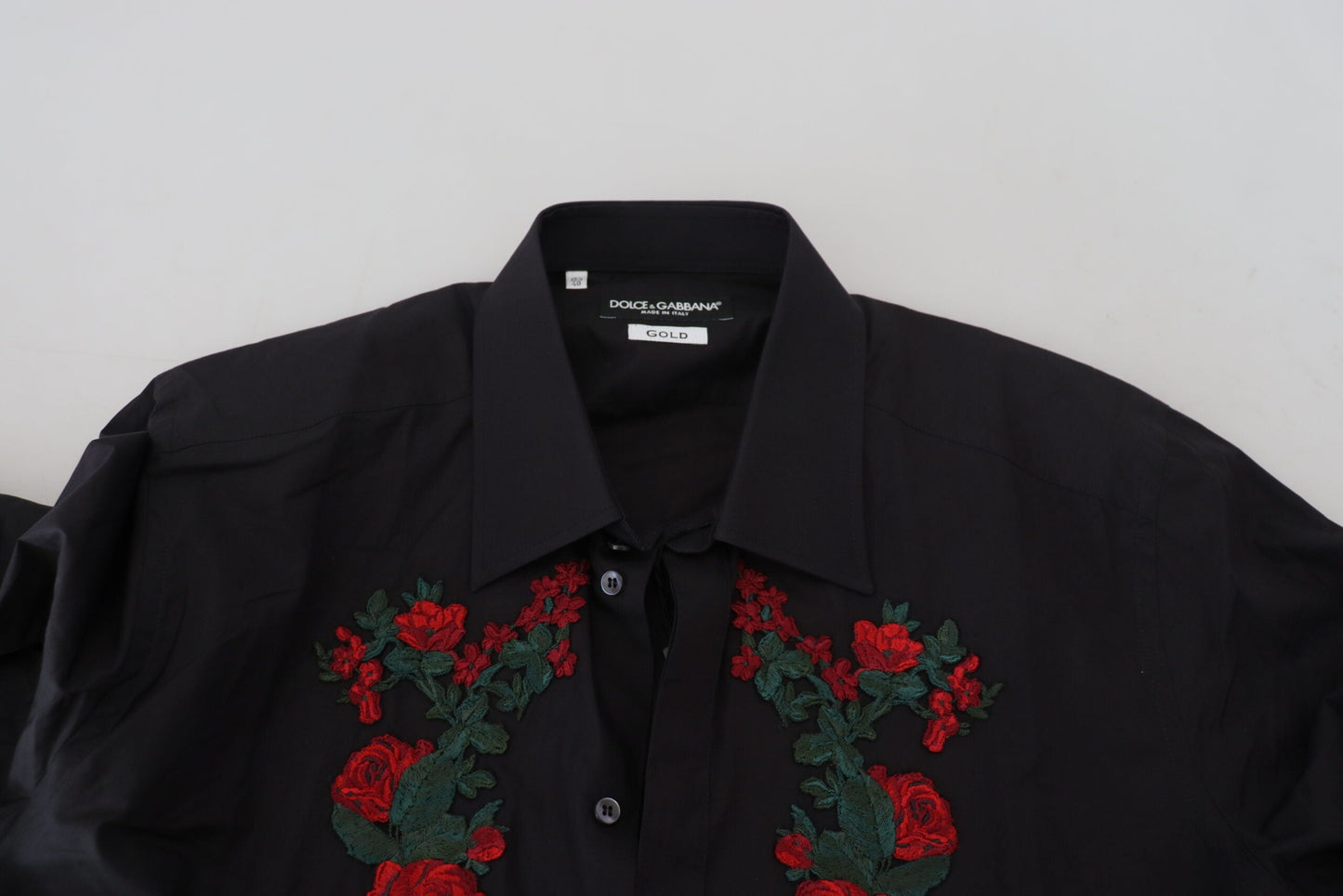 Dolce & Gabbana Black Floral Embroidery Men Long Sleeves GOLD Men's Shirt