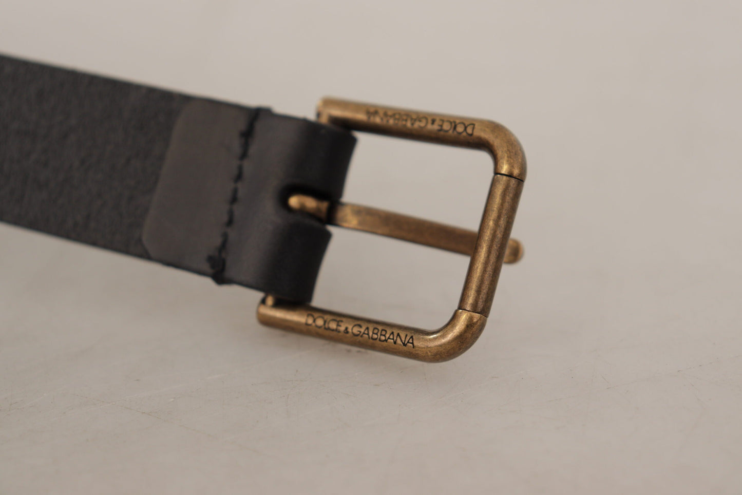 Dolce & Gabbana Black Calf Leather Brass Logo Engraved Buckle Men's Belt