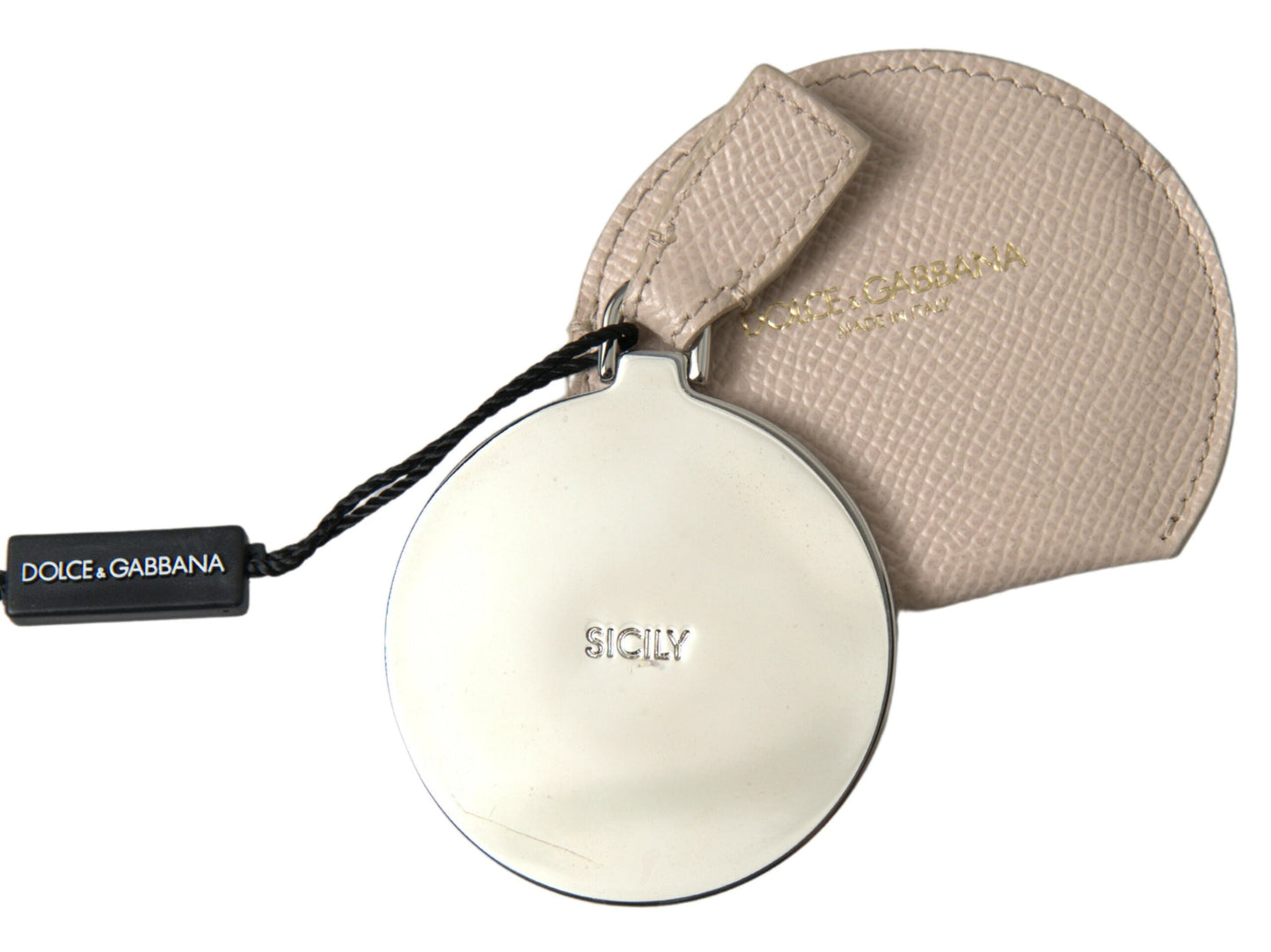 Dolce & Gabbana Beige Calfskin Leather Round Logo Hand Mirror Women's Holder