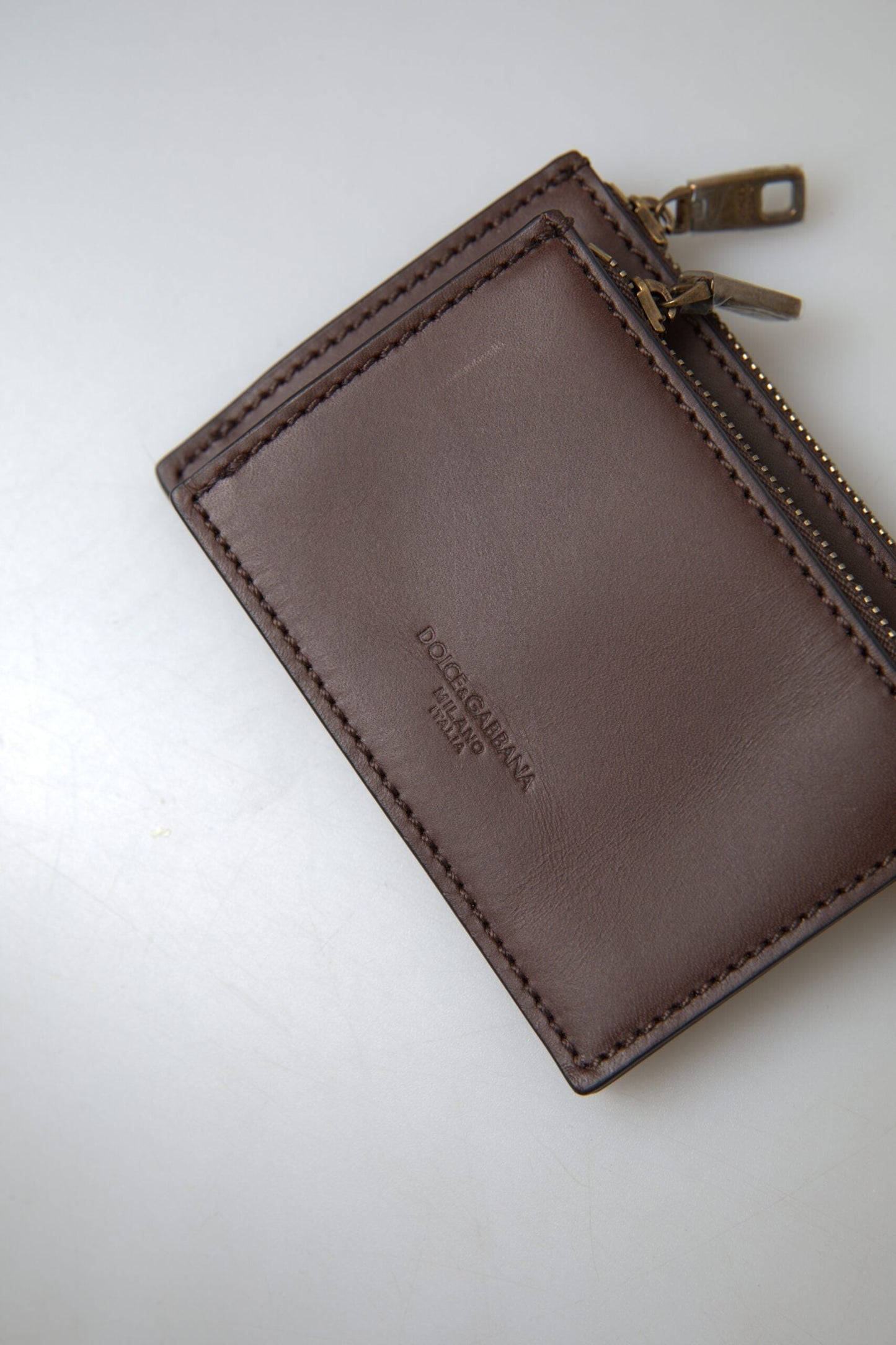Dolce & Gabbana Brown Leather Zip Logo Keyring Coin Purse Men's Wallet