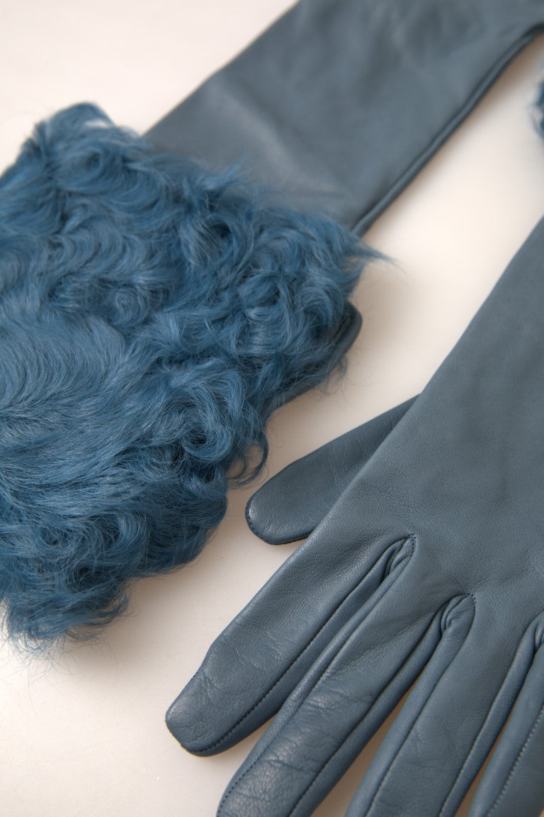 Dolce & Gabbana Blue Leather Fur Mid Arm Length Women's Gloves