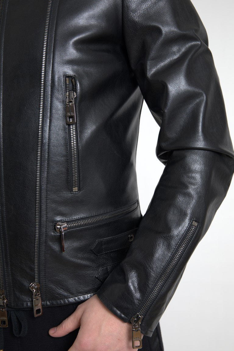 Dolce & Gabbana Black Leather Zipper Coat Men Men's Jacket