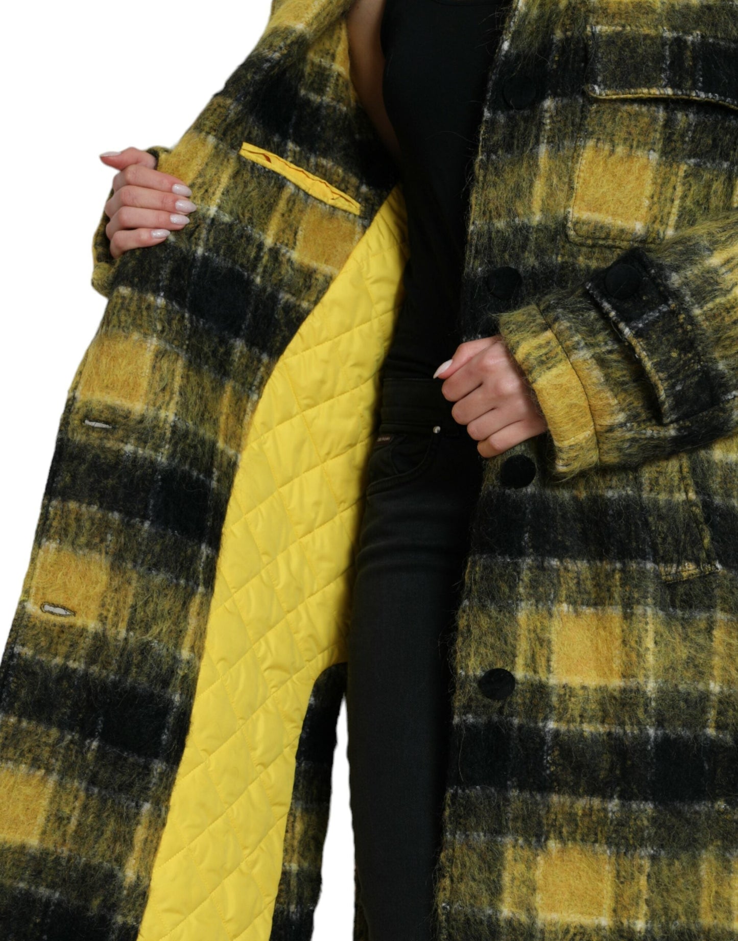 Dolce & Gabbana Yellow Plaid Long Sleeve Casual Coat Women's Jacket