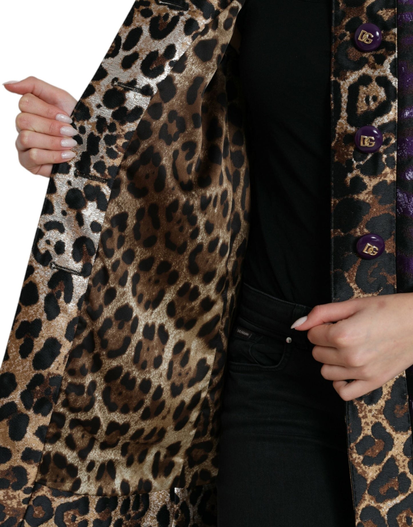 Dolce & Gabbana Purple Lam�� Jacquard Tiger Print Coat Women's Jacket