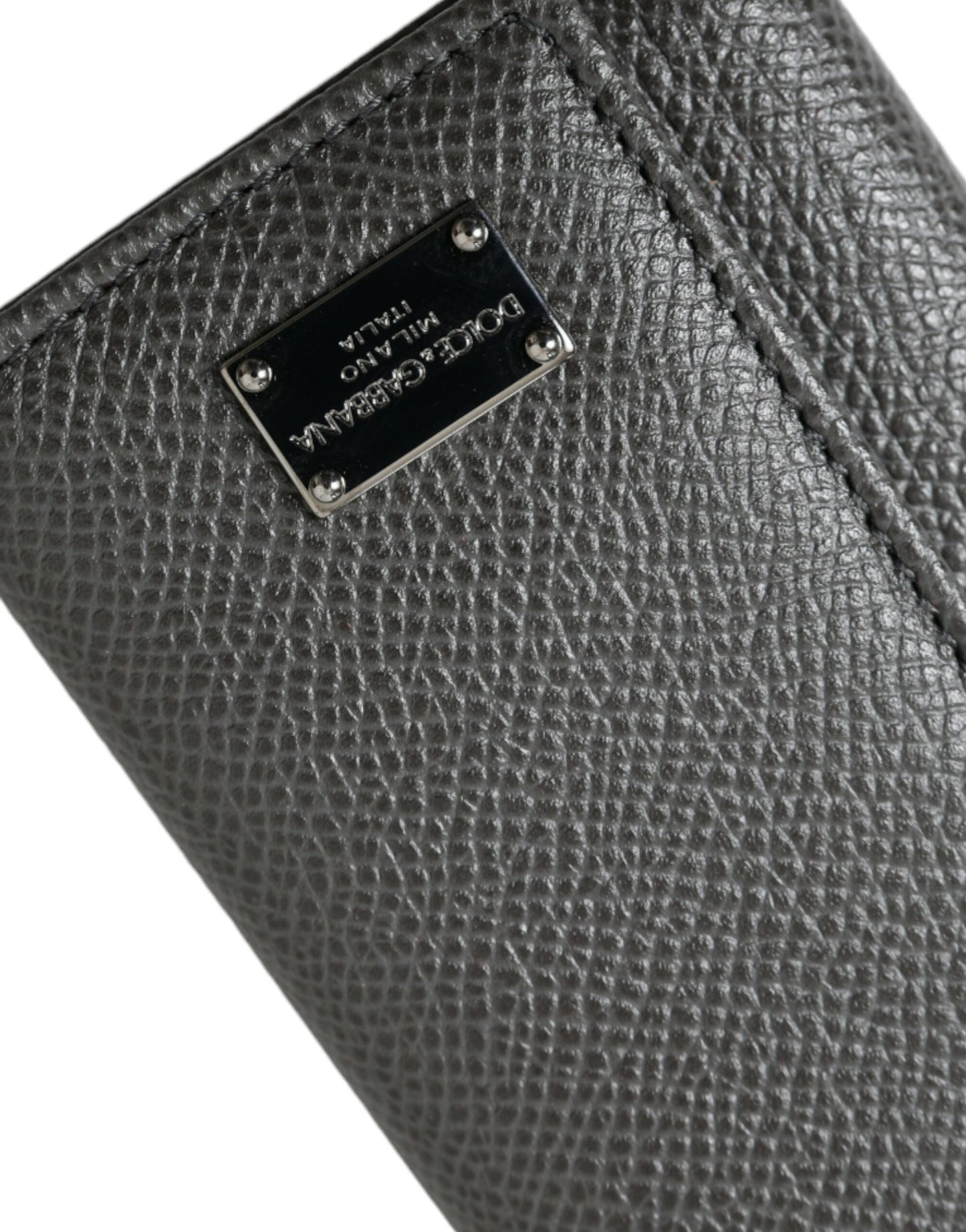 Dolce & Gabbana Gray Leather Silver Metal Logo Plaque Trifold Men's Keyring