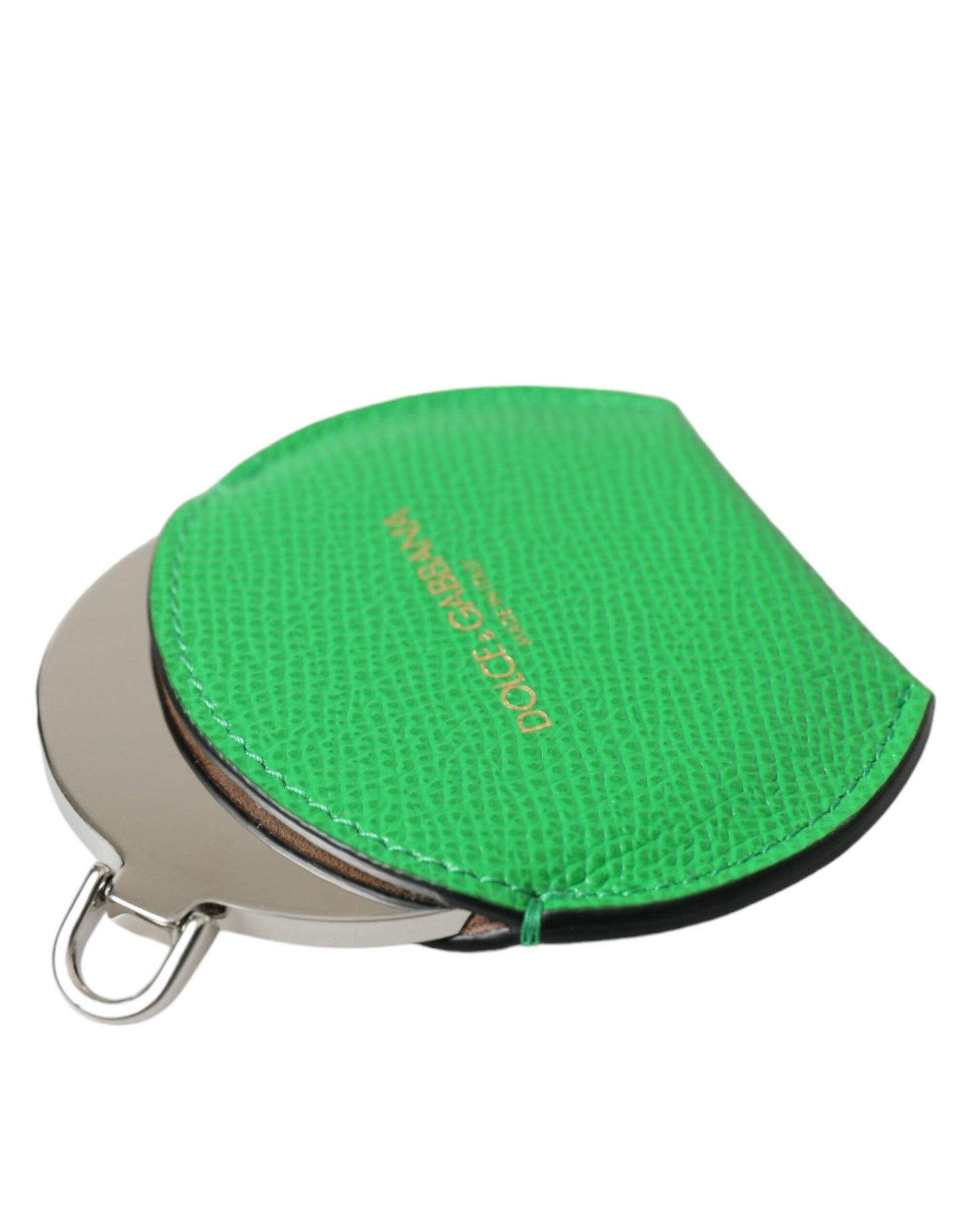 Dolce & Gabbana Green Calfskin Leather Round Logo Hand Mirror Women's Holder