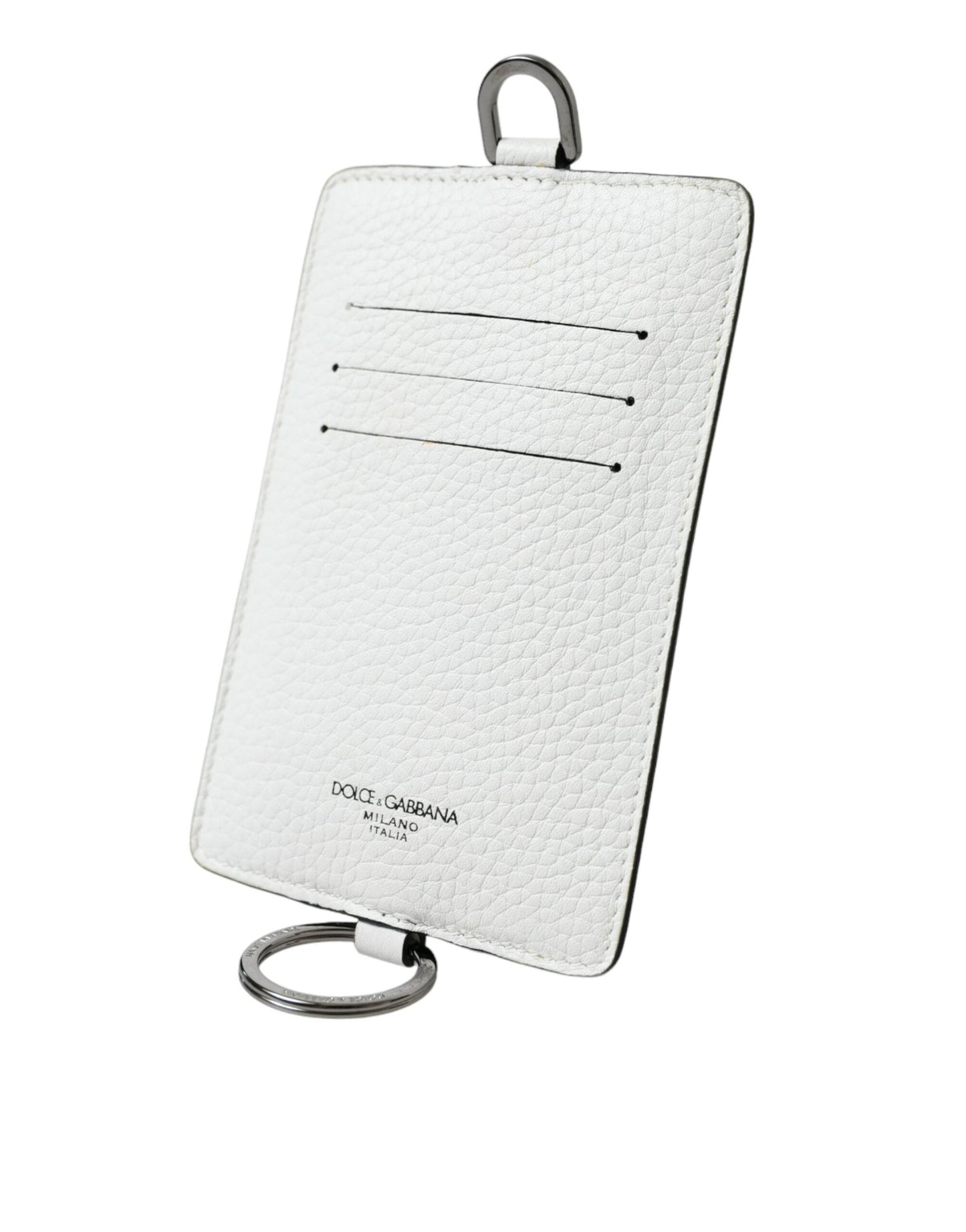 Dolce & Gabbana White Calf Leather Lanyard Logo Card Holder Men's Wallet