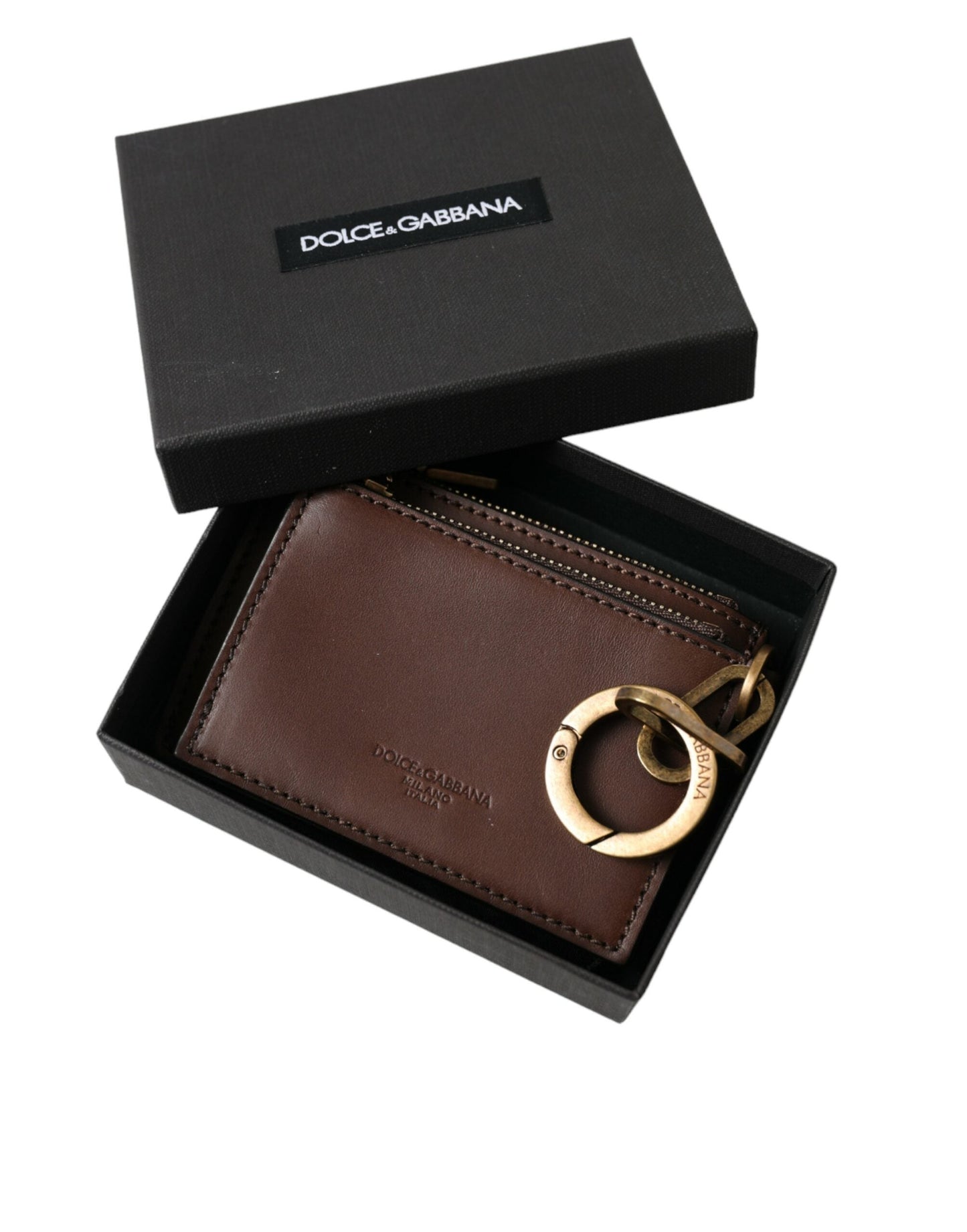 Dolce & Gabbana Brown Leather Zip Logo Keyring Coin Purse Keyring Men's Wallet