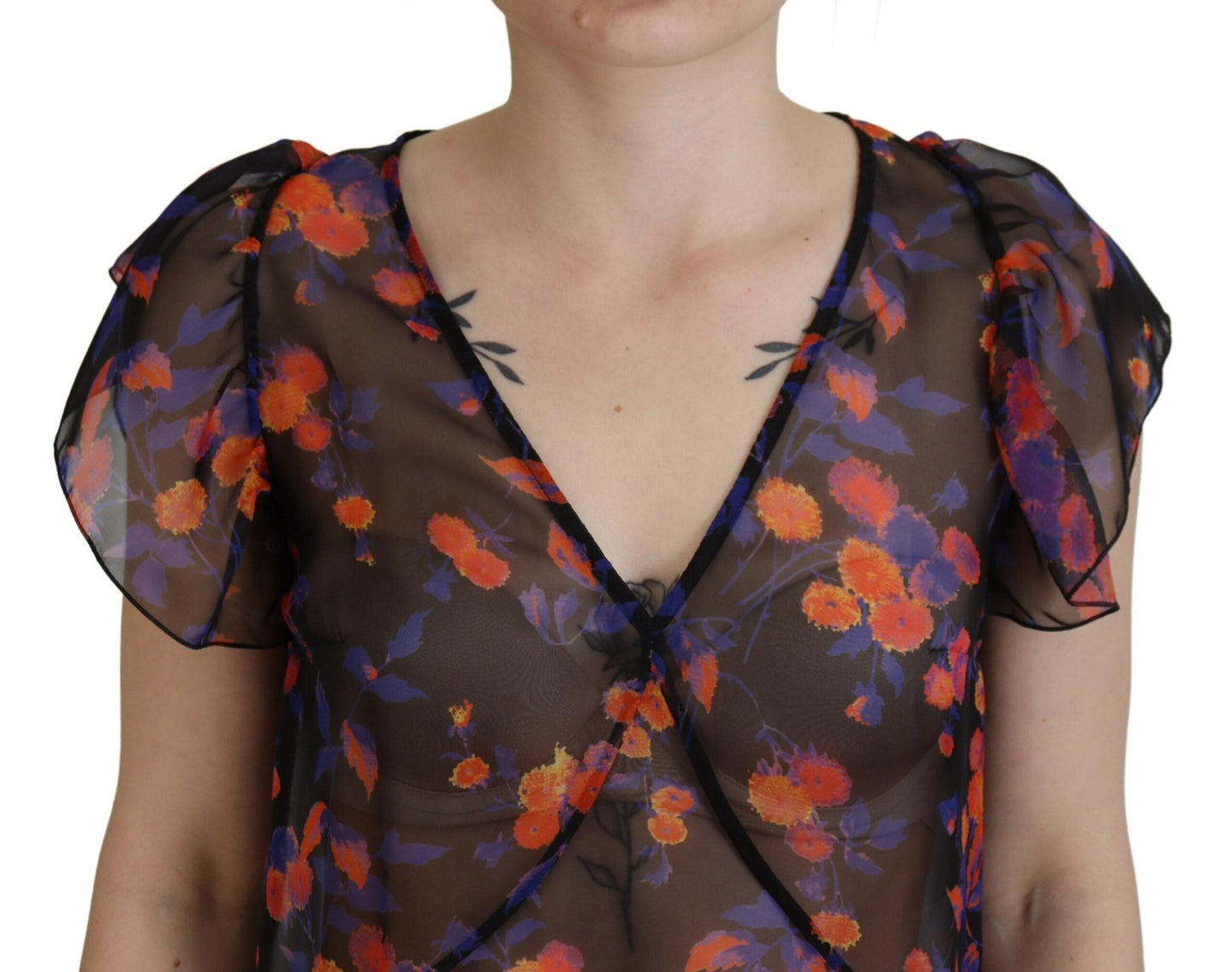 Dsquared�� Black Floral Print Short Sleeves V-neck Blouse Women's Top (Pre-Owned)