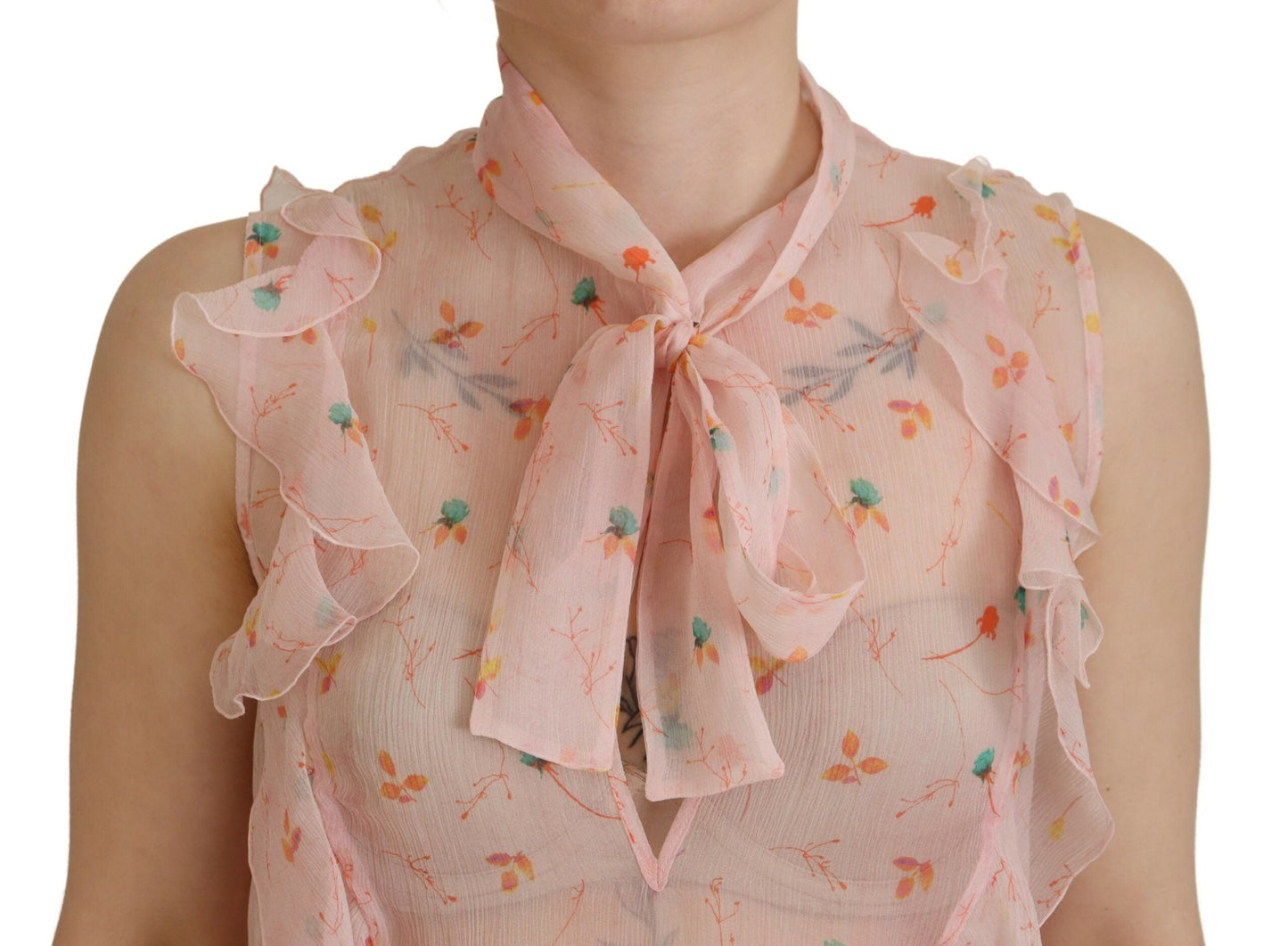 Dsquared�� Pink Floral Print Silk Sleeveless Ascot Collar Women's Top (Pre-Owned)