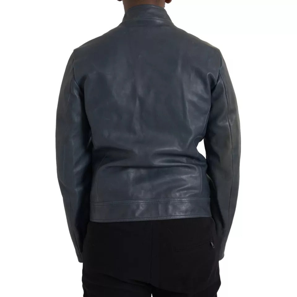 Dolce & Gabbana Blue Leather Full Zip Biker Blouson Men's Jacket (Pre-Owned)