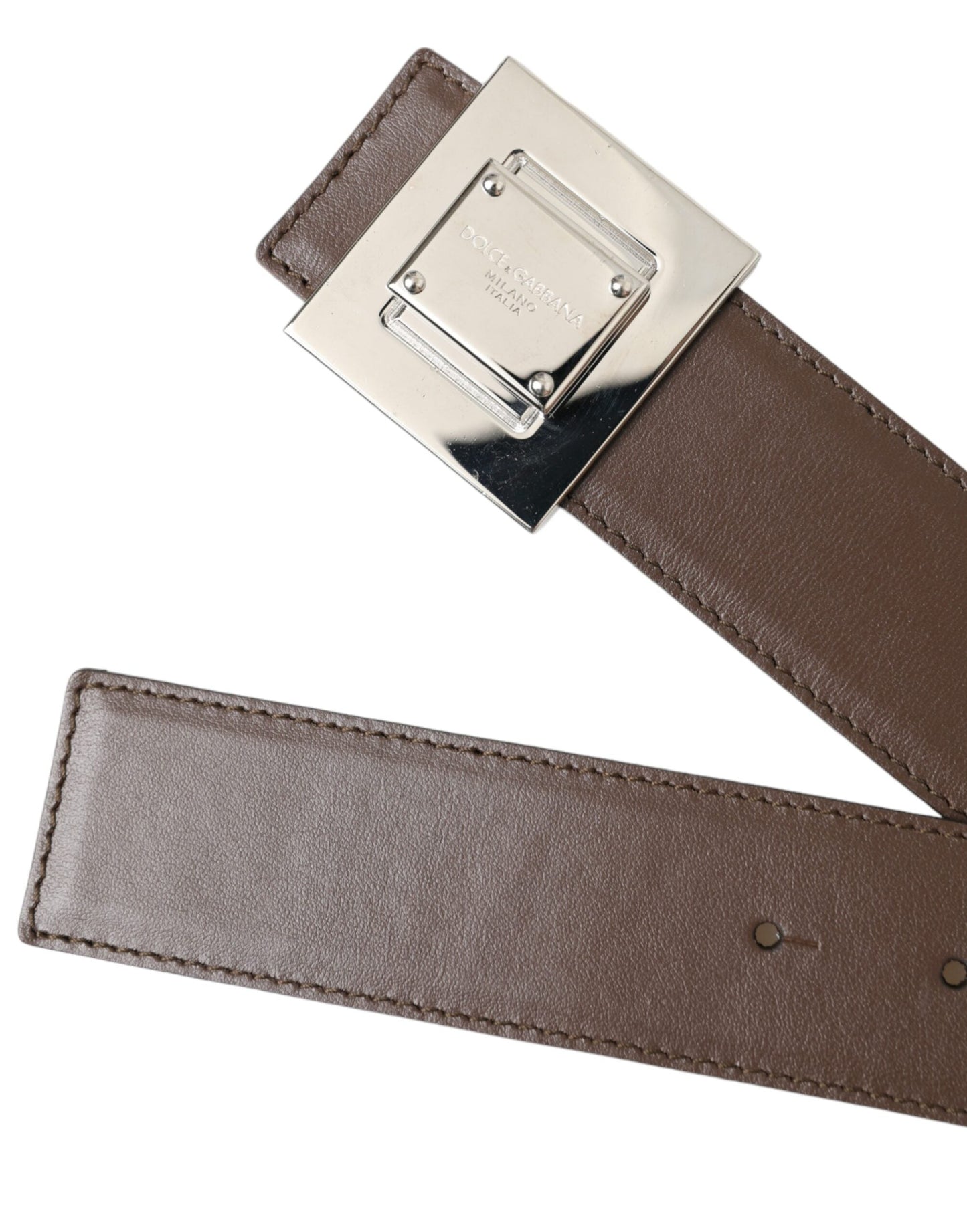 Dolce & Gabbana Brown Calf Leather Square Metal Buckle Women's Belt